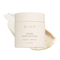DIME Beauty Biome Body Butter jar with whipped texture for deep hydration.