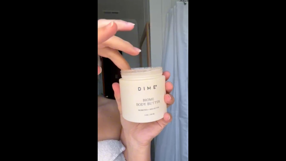 DIME Beauty Biome Body Butter whipped texture close-up, non-greasy skin feel.