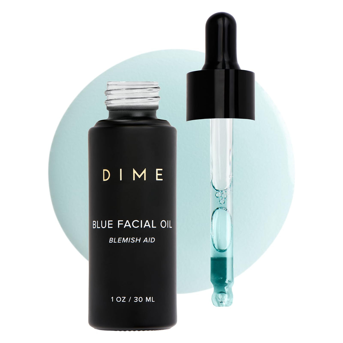 DIME Beauty Blue Facial Oil bottle close-up showing clean hydration for daily use