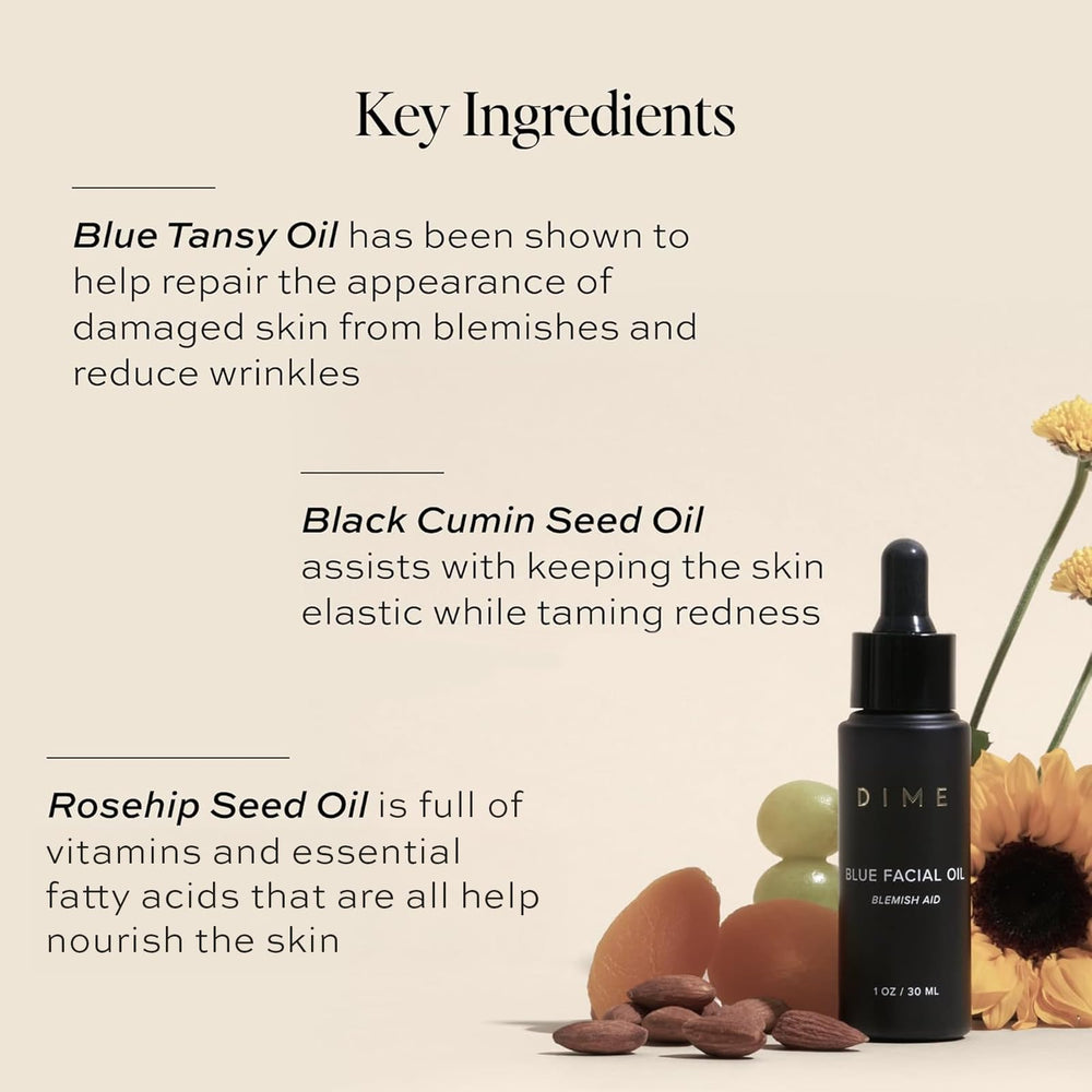 DIME Beauty Blue Facial Oil ingredients highlight blue tansy and rosehip for soothing care