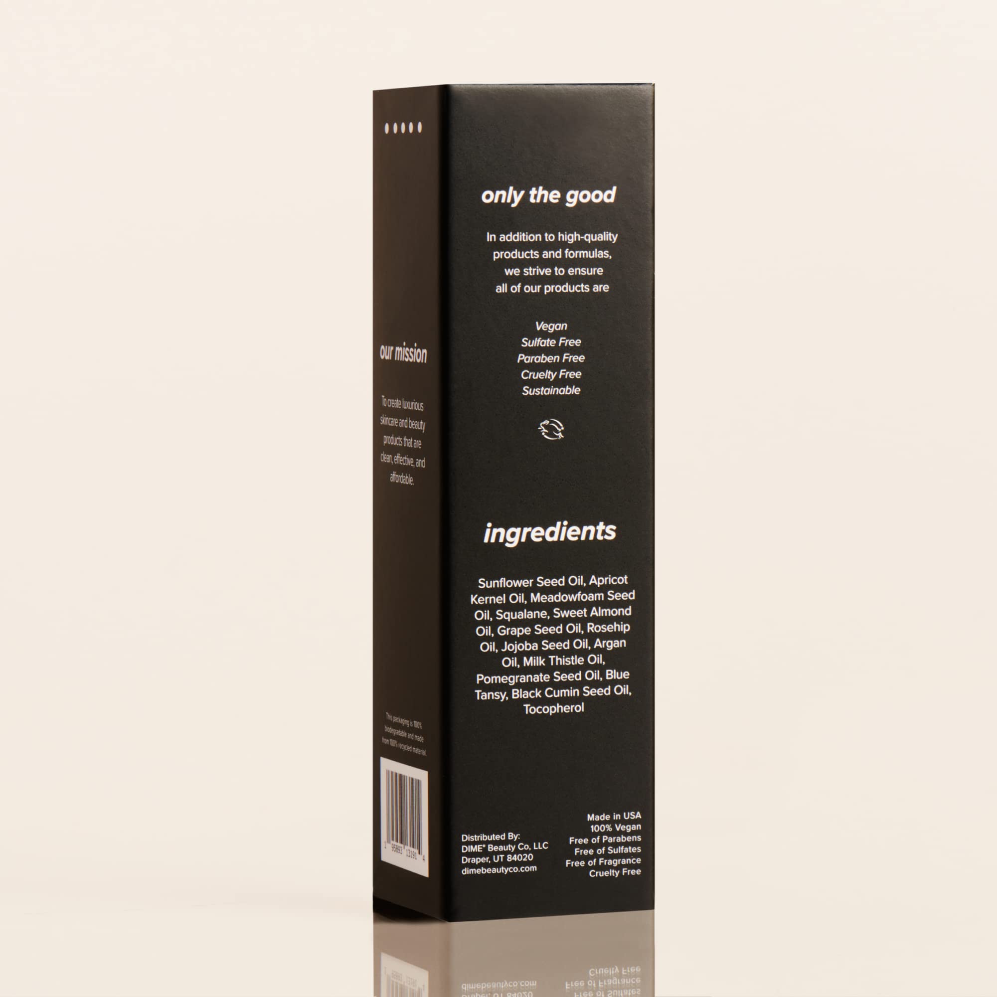 Packaging close-up of DIME Blue Facial Oil emphasizing sustainable vegan cruelty-free brand