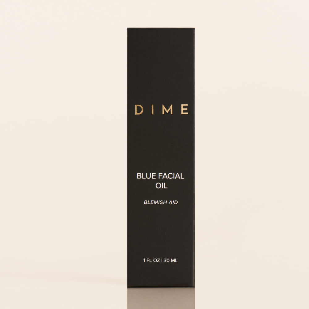 Texture shot of DIME Blue Facial Oil showing light, non-greasy finish