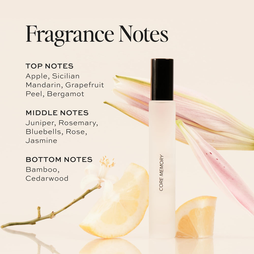 DIME Core Memory fragrance middle notes include rose and jasmine for subtle bloom.