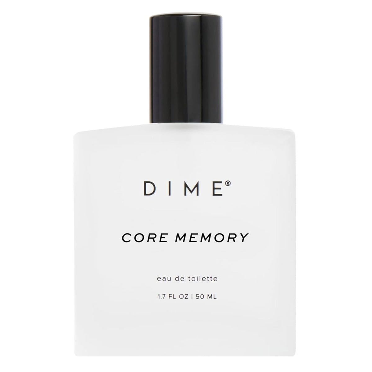 DIME Beauty Core Memory Perfume bottle closeup shows bright citrus scent for everyday wear.