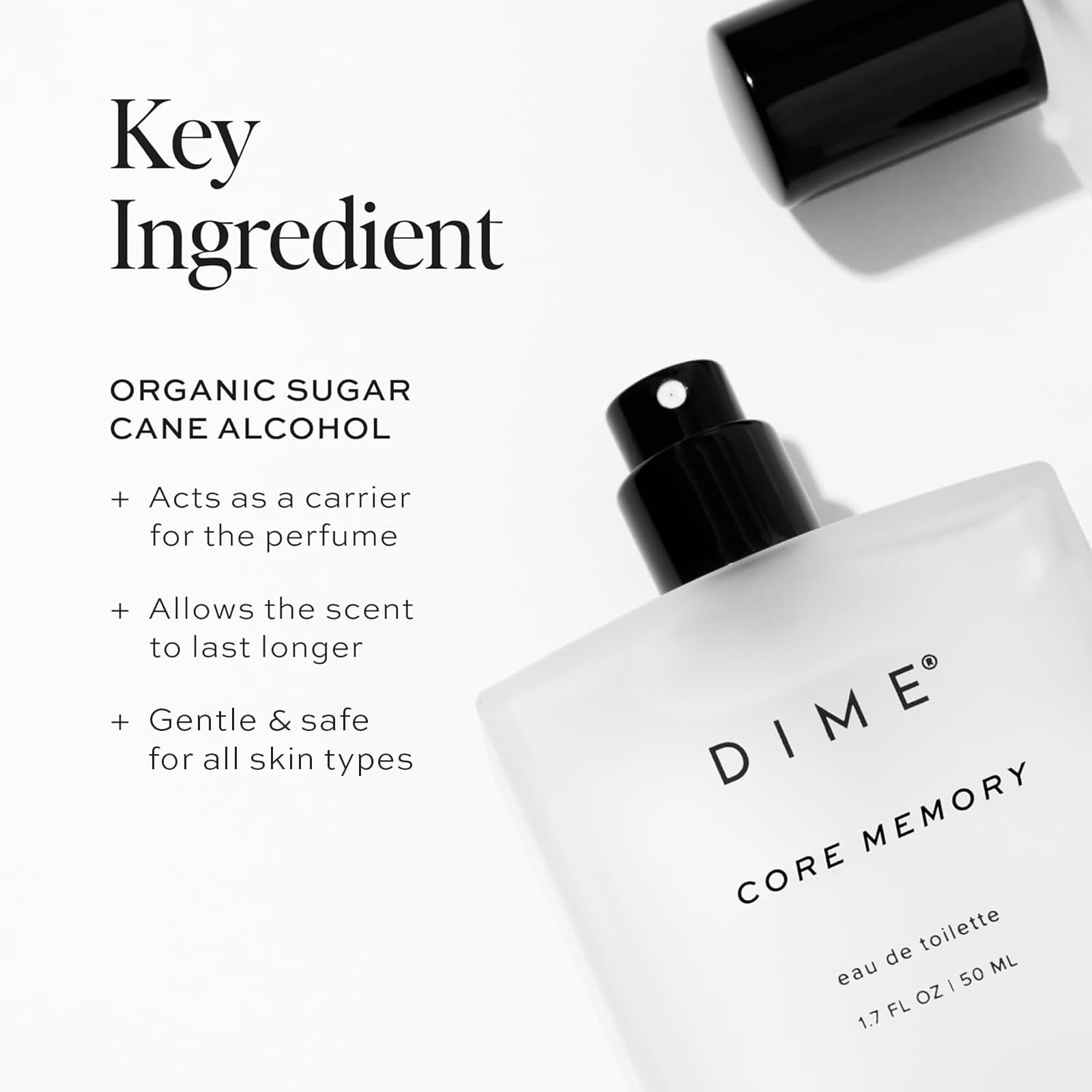 DIME Beauty Core Memory Perfume ingredient label emphasizes clean, vegan, cruelty-free formula.