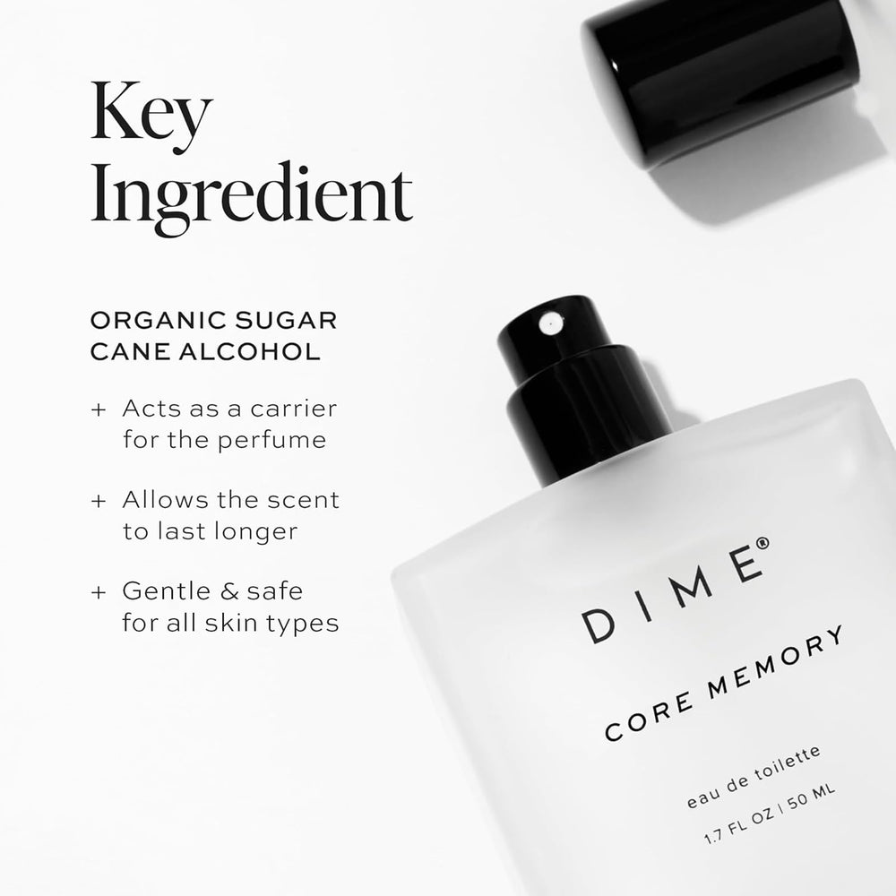 DIME Beauty Core Memory Perfume ingredient label emphasizes clean, vegan, cruelty-free formula.
