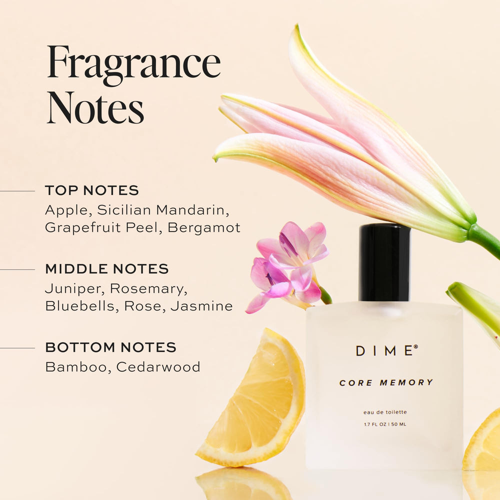 DIME Beauty Core Memory Perfume packaging image displays sustainable, USA-made design.