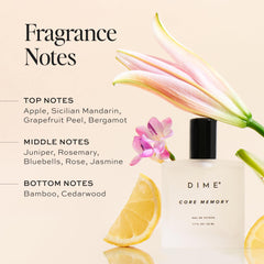 DIME Beauty Core Memory Perfume packaging image displays sustainable, USA-made design.