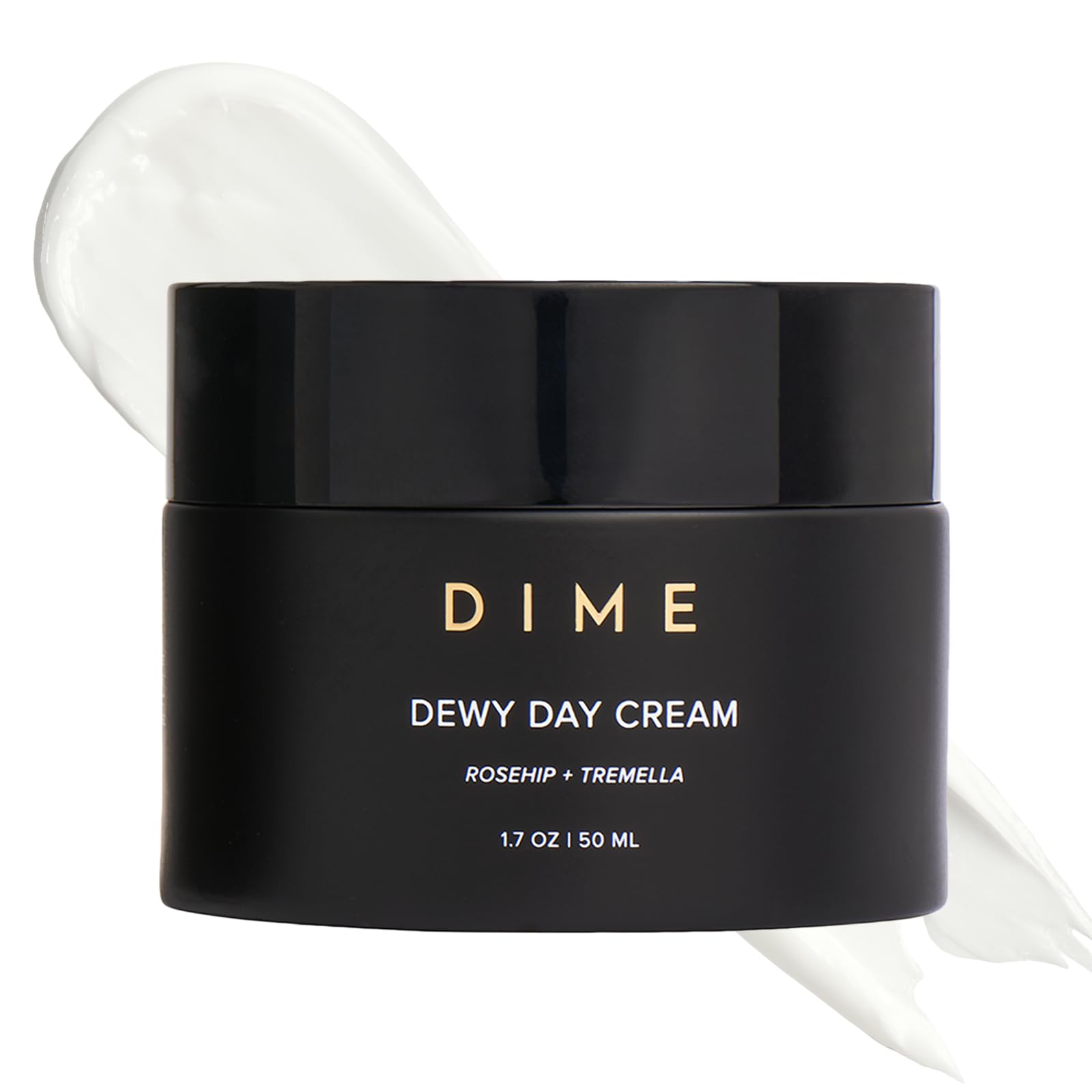 DIME Beauty Dewy Day Cream bottle featuring rosehip oil for deep hydration.