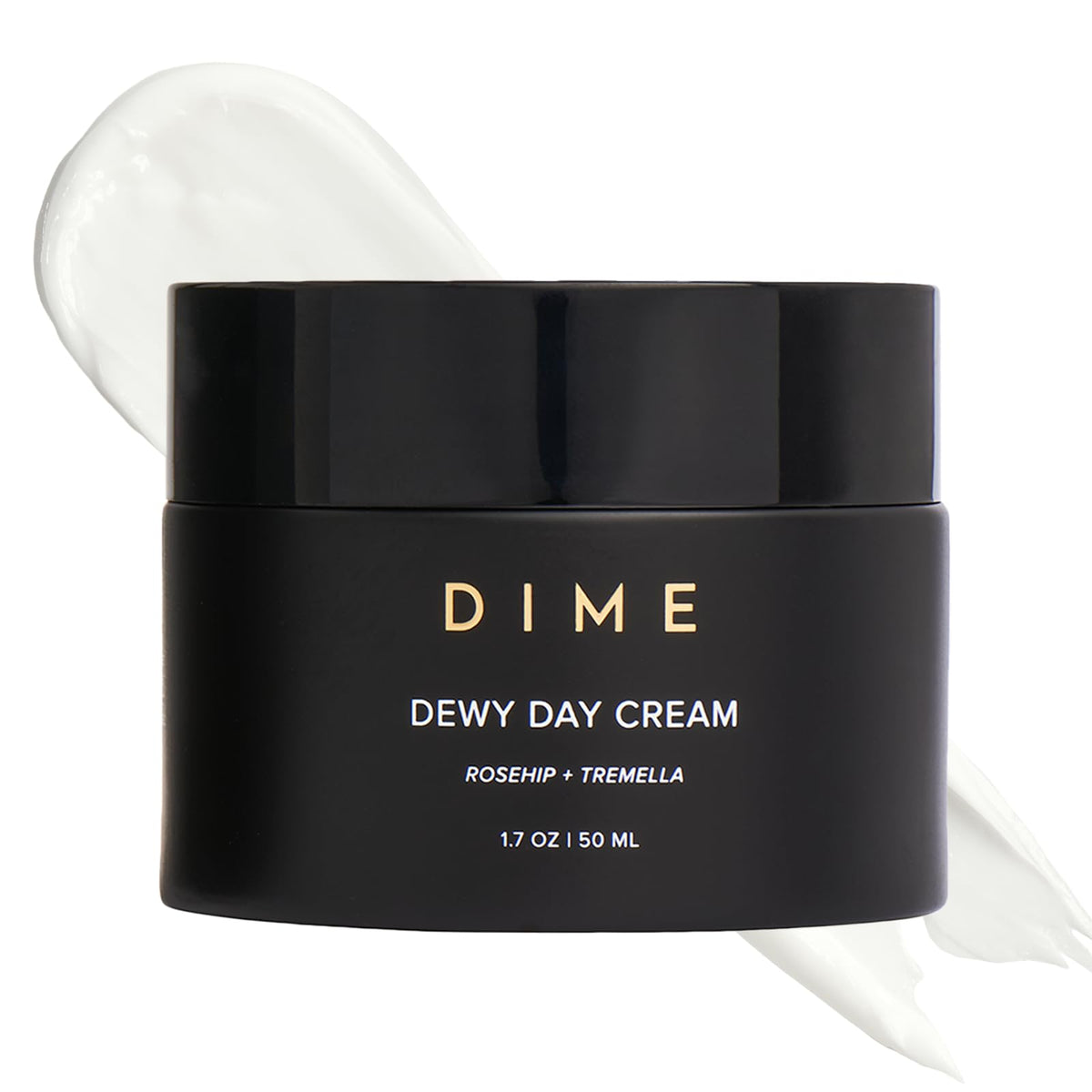 DIME Beauty Dewy Day Cream bottle featuring rosehip oil for deep hydration.