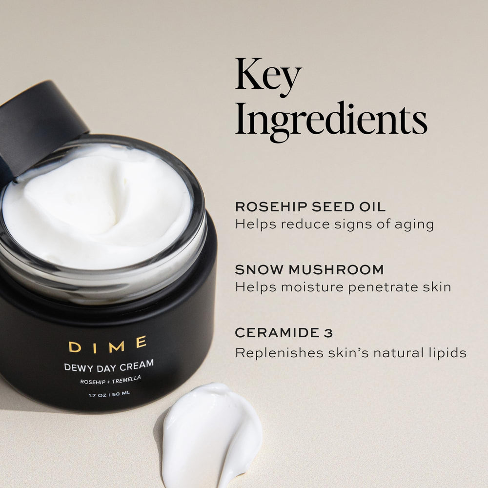 DIME Beauty Dewy Day Cream ceramide-3 focus supports skin barrier resilience.