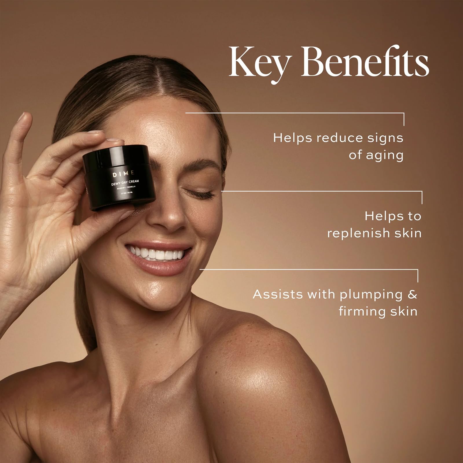 DIME Beauty Dewy Day Cream texture closeup shows a silky, hydrating finish.