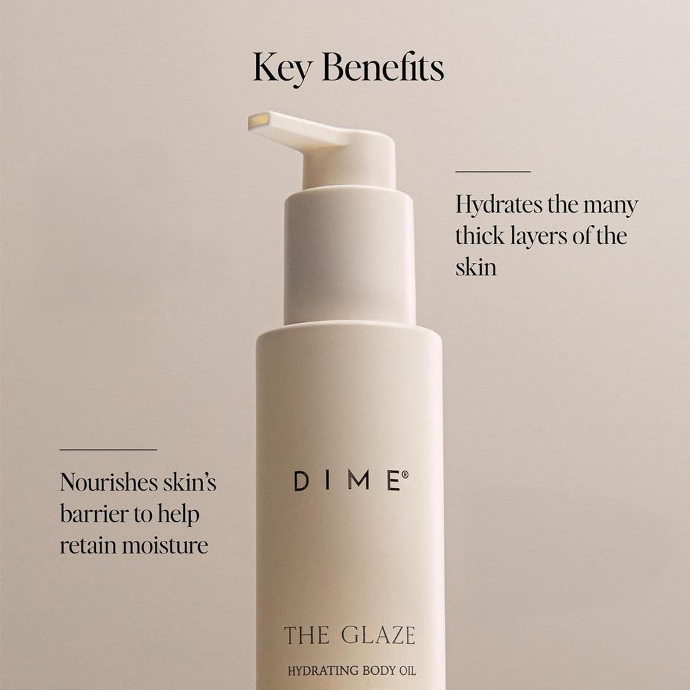 DIME Beauty Glaze Body Oil with argan oil nourishes for radiant skin.