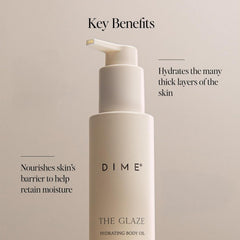 DIME Beauty Glaze Body Oil with argan oil nourishes for radiant skin.