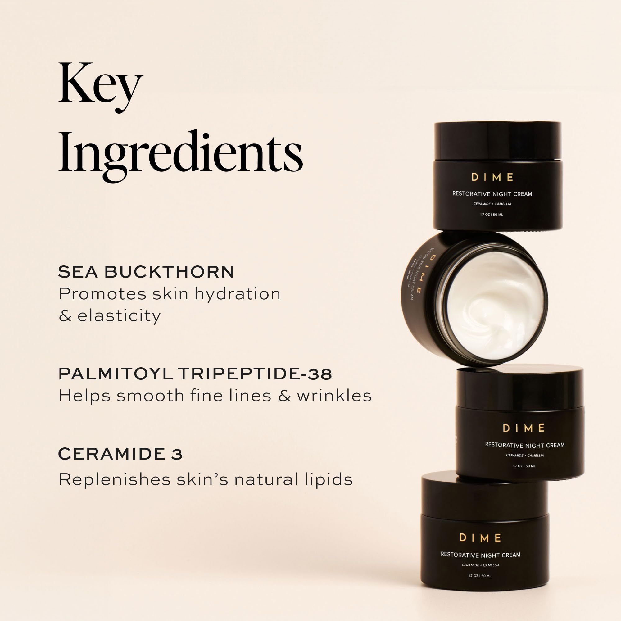 DIME Beauty Restorative Night Cream ingredient panel with safe, EWG-rated formula.