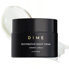 DIME Beauty Restorative Night Cream pump close-up showing silky texture for overnight hydration.