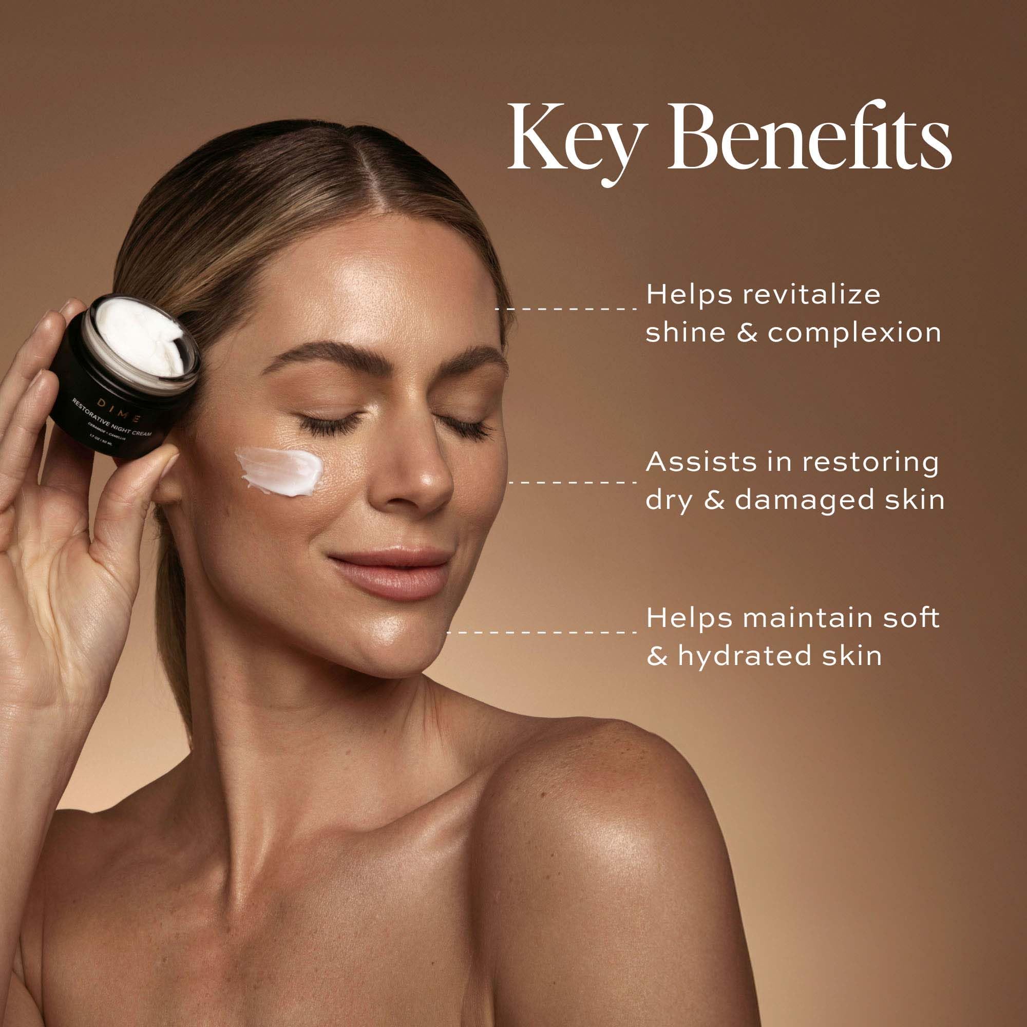 DIME Beauty Restorative Night Cream pump-dispense shot shows easy nightly application.
