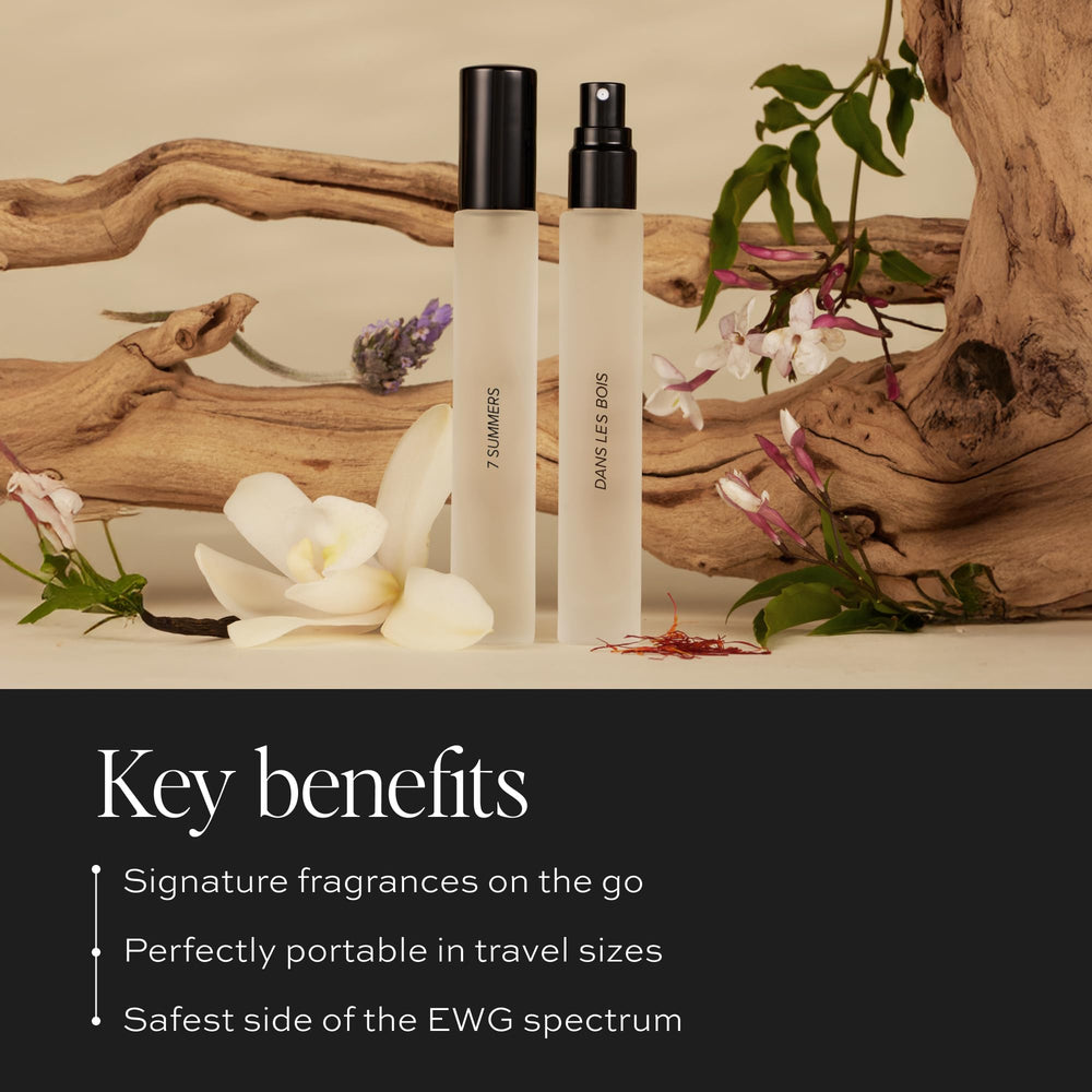 DIME Beauty Signature Fragrance Duo Dans Les Bois bottle for woodsy elegance with subtle florals.