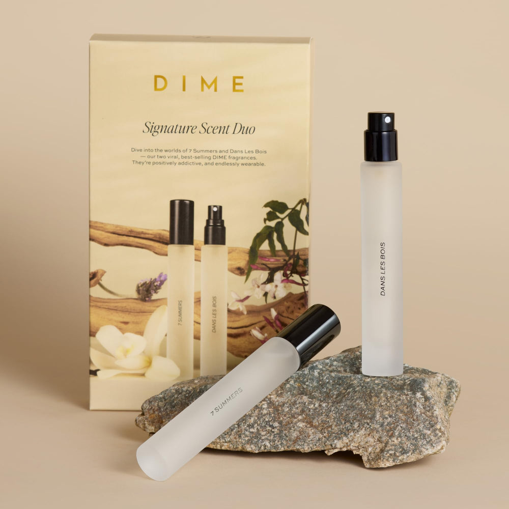 DIME Beauty Signature Fragrance Duo eco packaging emphasizes sustainable, vegan, cruelty-free lifestyle.