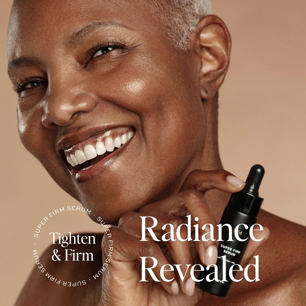 DIME Beauty Super Firm Serum ingredients graphic emphasizes clean, vegan formula.