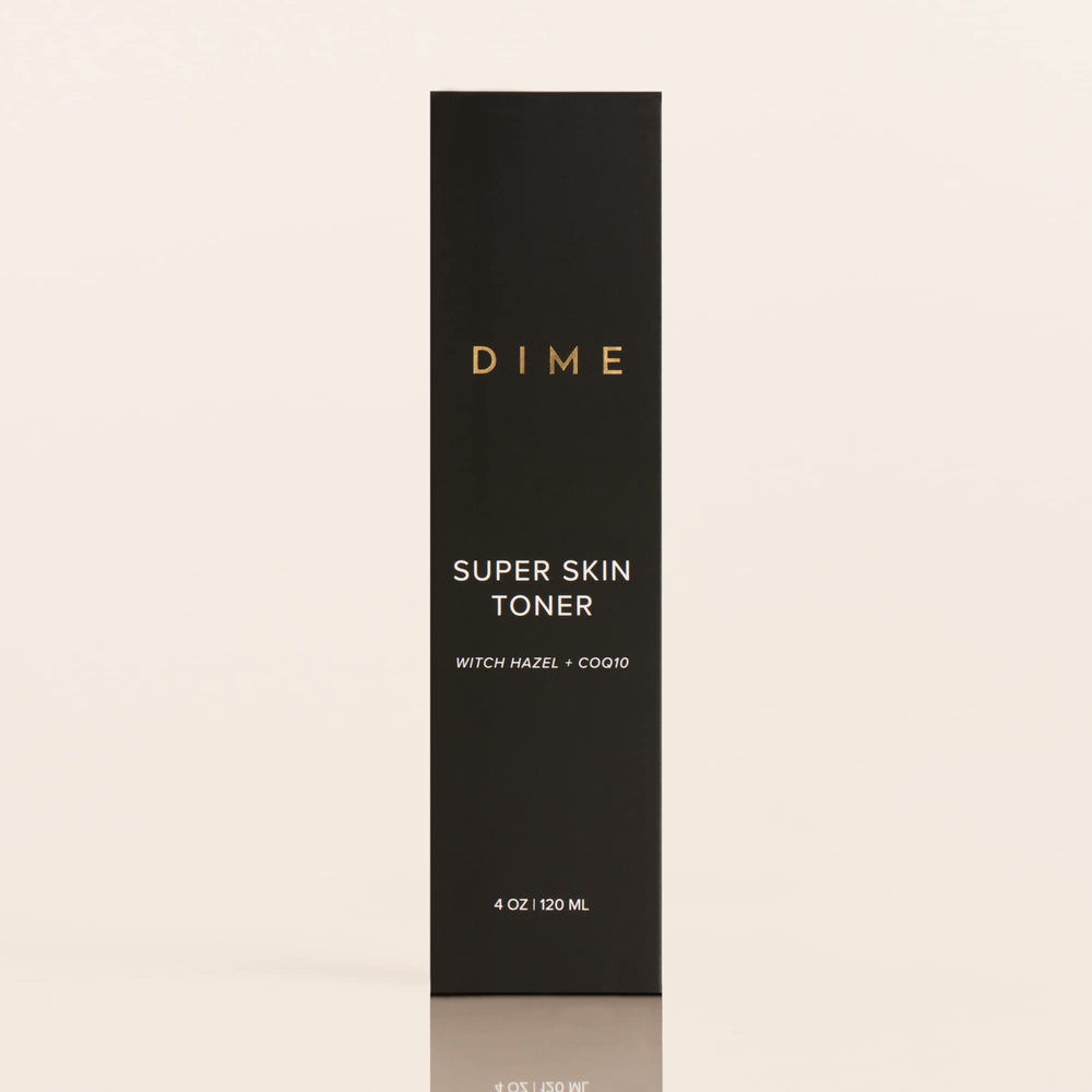 DIME Beauty Super Skin Toner with CoQ10 and hyaluronic acid highlighted for glow.