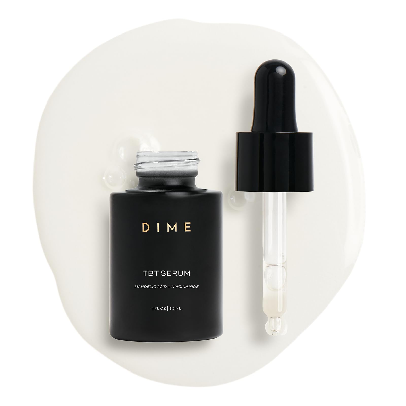 DIME TBT Serum bottle shows hydrating formula for youthful skin