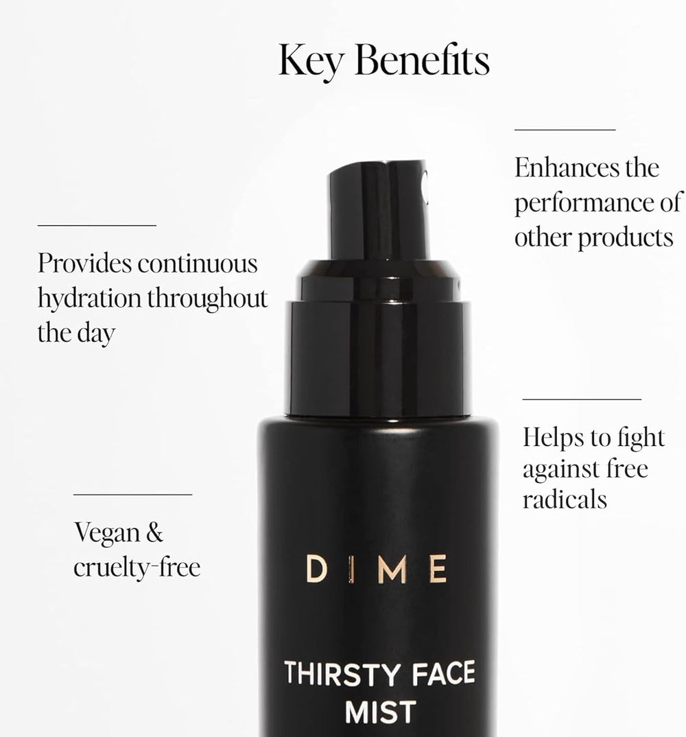 DIME Thirsty Face Mist electrolytes providing instant hydration boost.