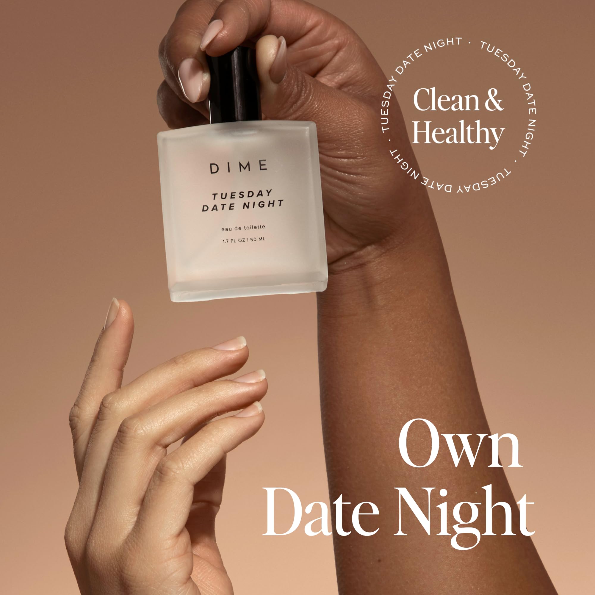 DIME Beauty Tuesday Date Night Perfume close-up of label showing clean, USA-made ingredients.
