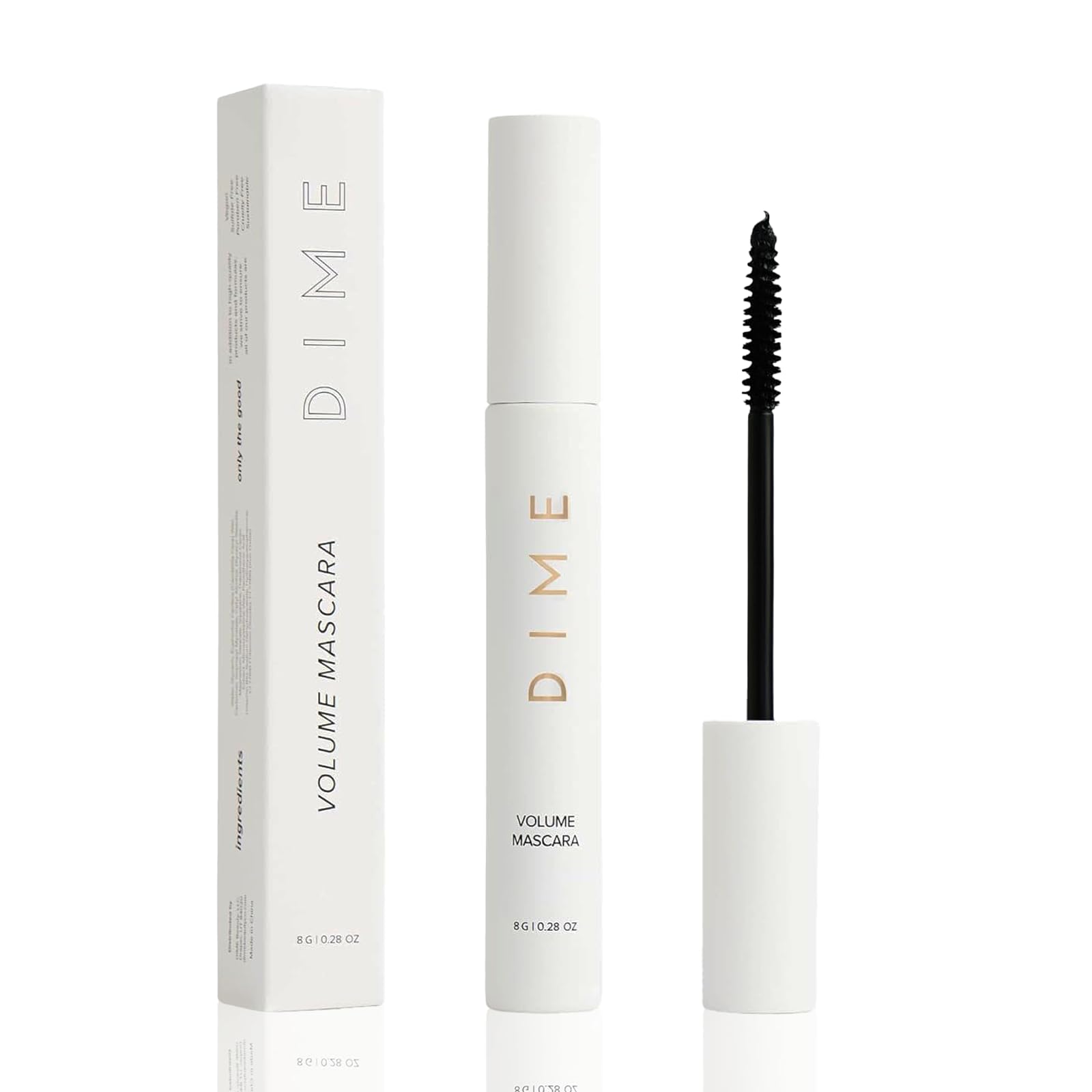DIME Beauty Volume Mascara tapered brush closeup demonstrates easy, clump-free lash building.