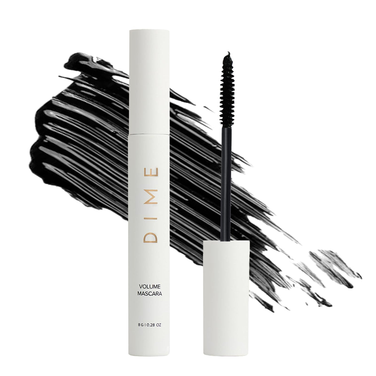 DIME Beauty Volume Mascara tubing formula closeup shows smudge-proof precision.