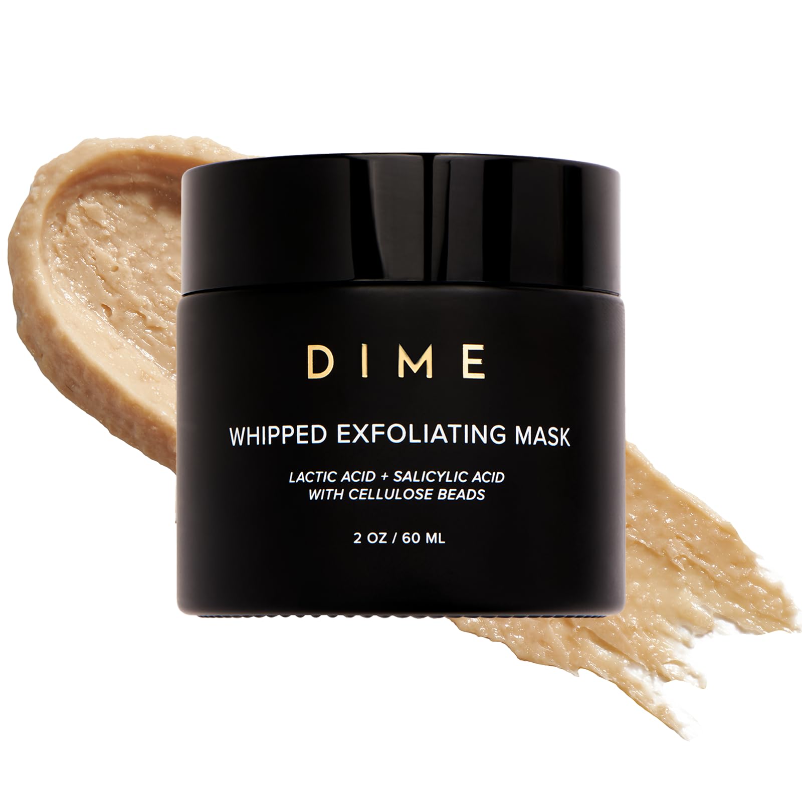 DIME Beauty Whipped Exfoliating Mask jar closeup shows gentle exfoliation for smoother skin texture