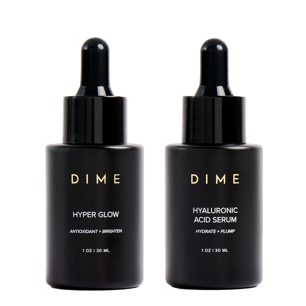 DIME Hyaluronic Acid Serum bottle shows hydration power for a supple glow.
