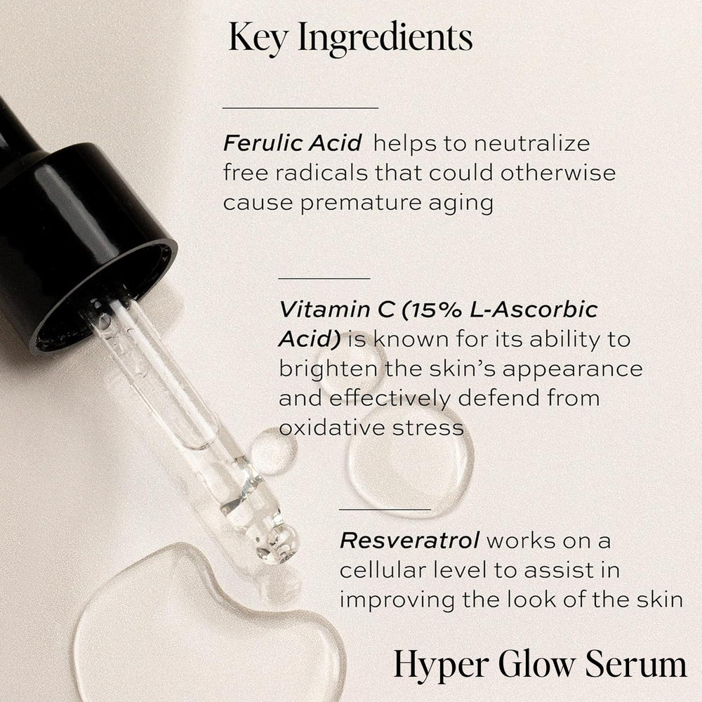 DIME Hyper Glow Serum ingredient closeup highlights vitamin C and antioxidants.