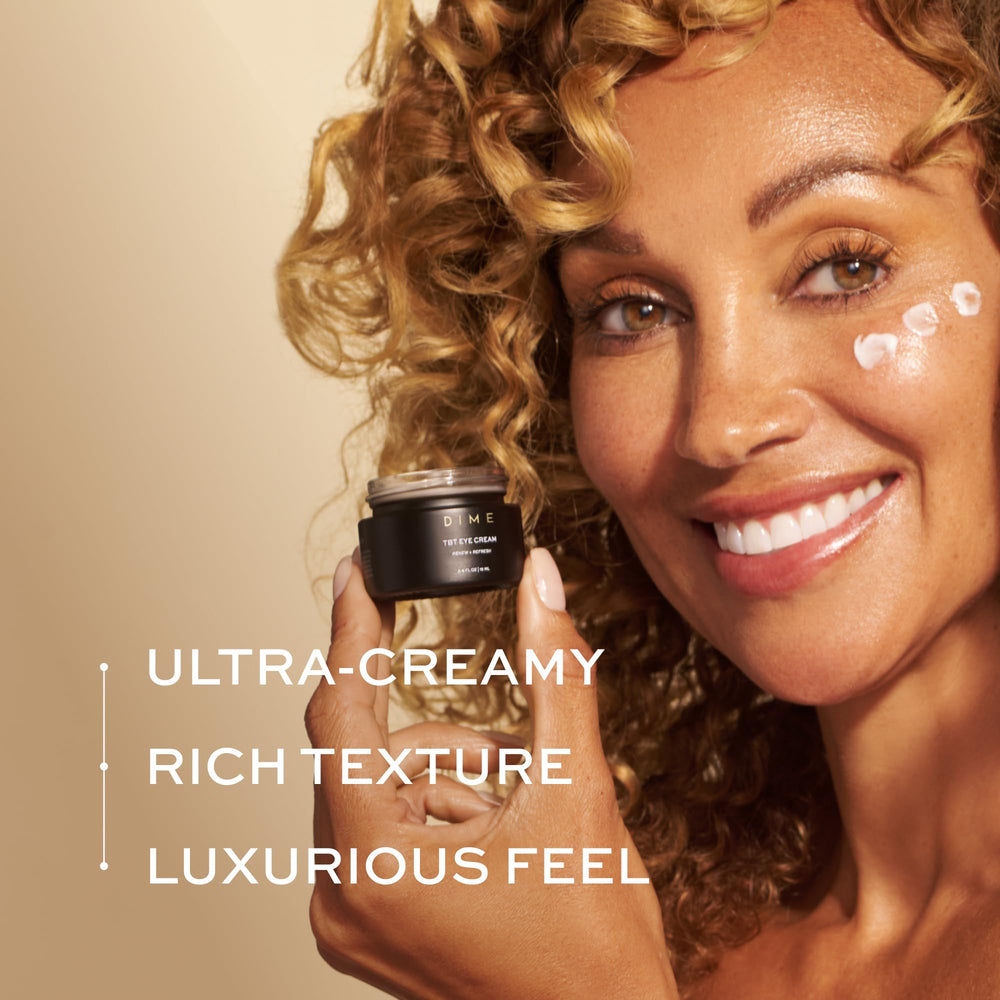 DIME TBT Eye Cream jar closeup shows creamy texture for smooth application.