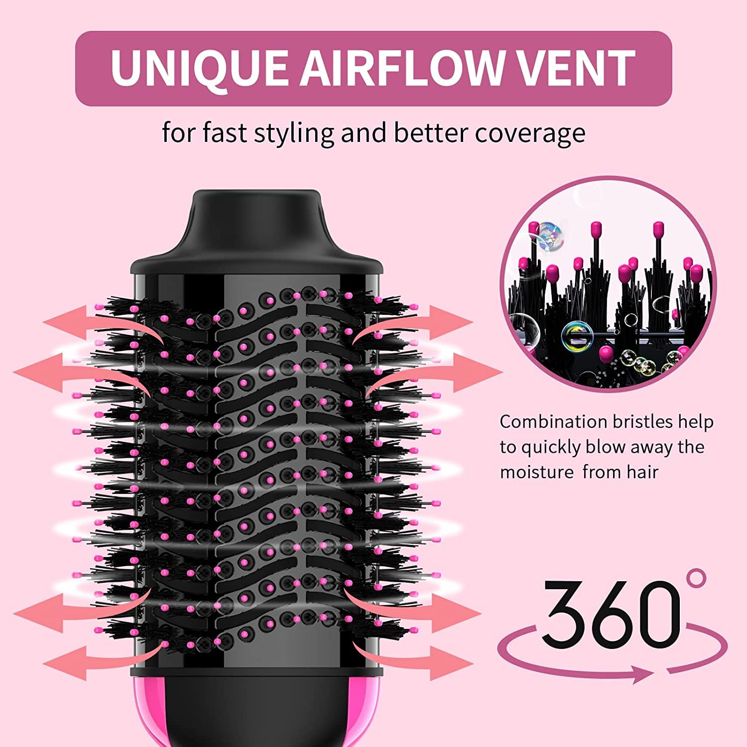 Dimecano hair dryer brush negative ions reduce frizz and static during styling