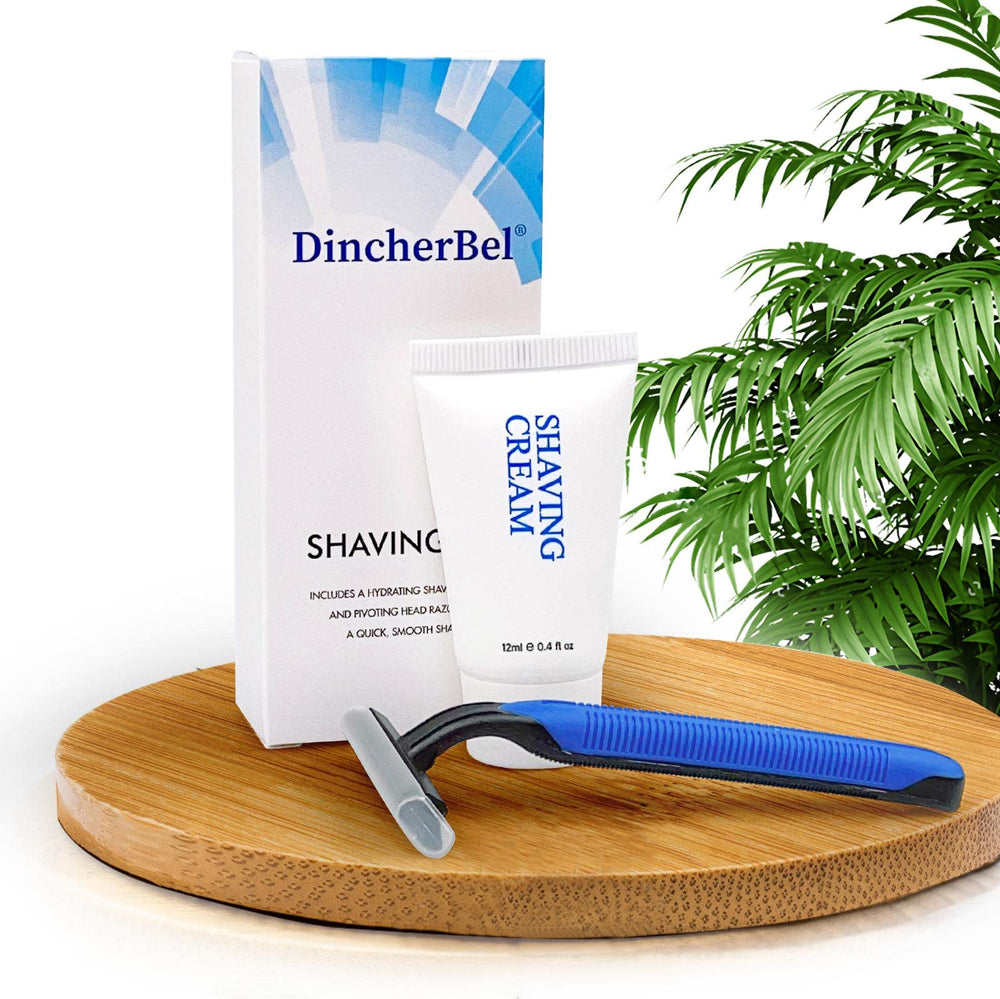 DincherBel twin-blade razor with safety cap demonstrates compact traveler-friendly option.