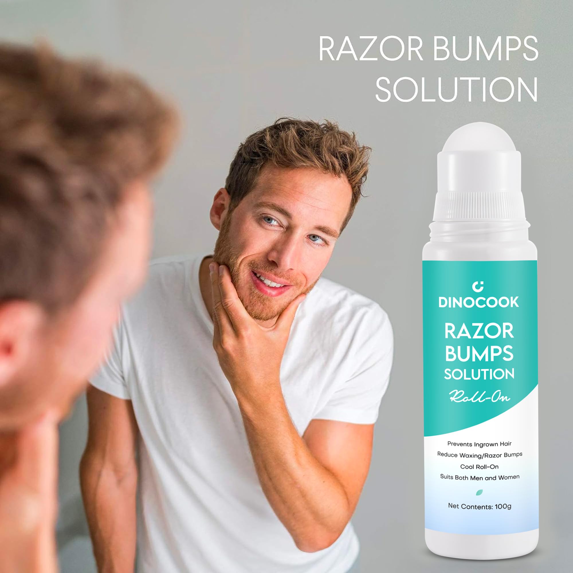 Dinocook After-shave routine setup with bottle and application to soothe skin.
