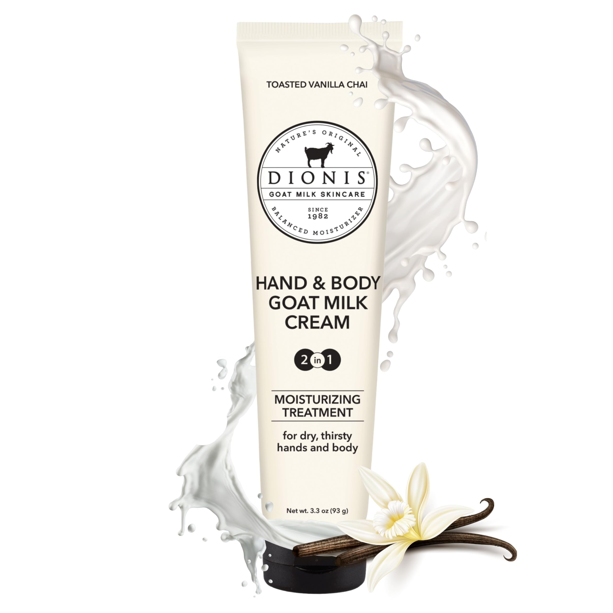 Dionis Goat Milk Hand and Body Cream in Vanilla Chai delivers daily moisture.