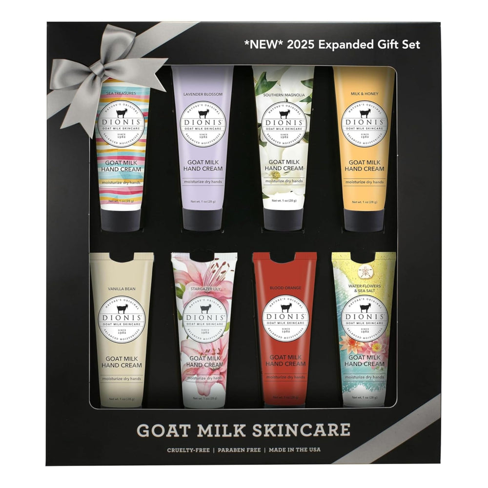 Dionis goat milk hand cream gift box with assorted travel sizes for on-the-go care
