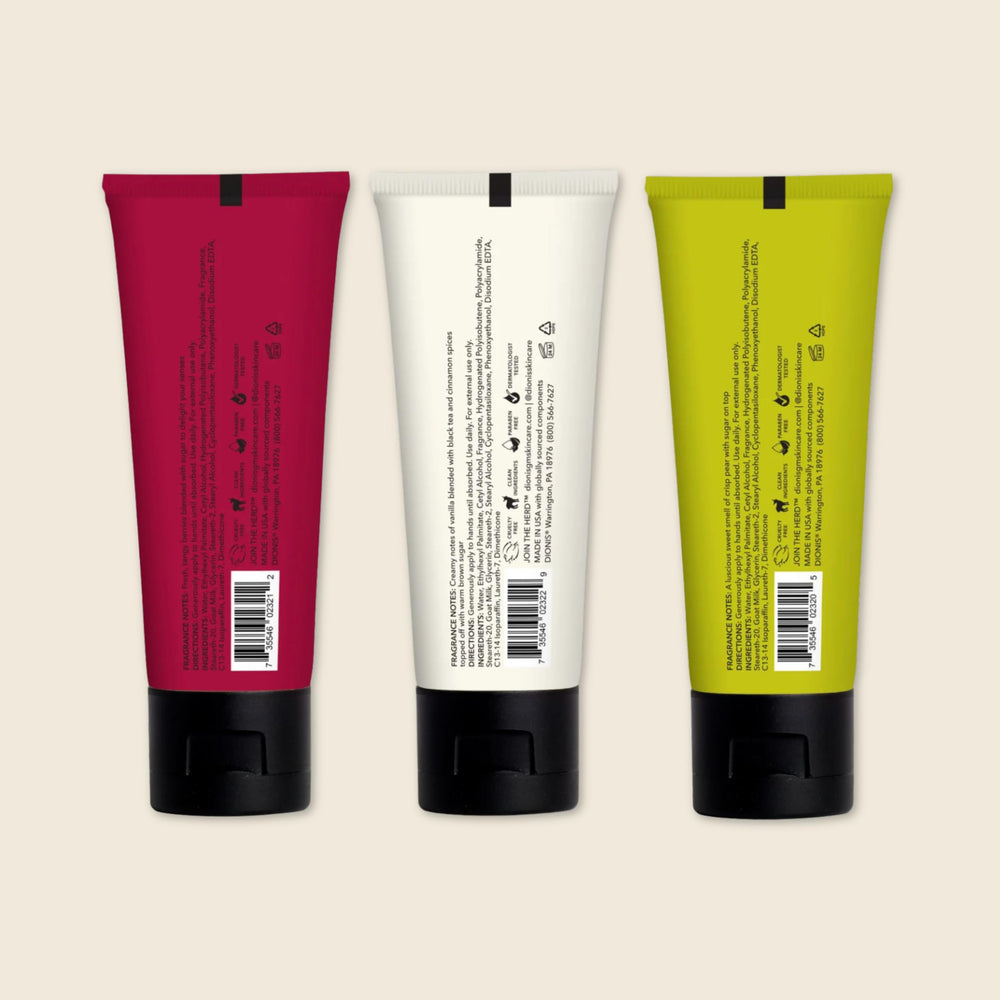 Dionis Goat Milk Hand Cream label closeup emphasizes cruelty-free, paraben-free skincare.