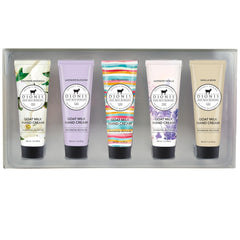 Dionis goat-milk hand cream gift box with travel-size tubes for gifting and hydration.