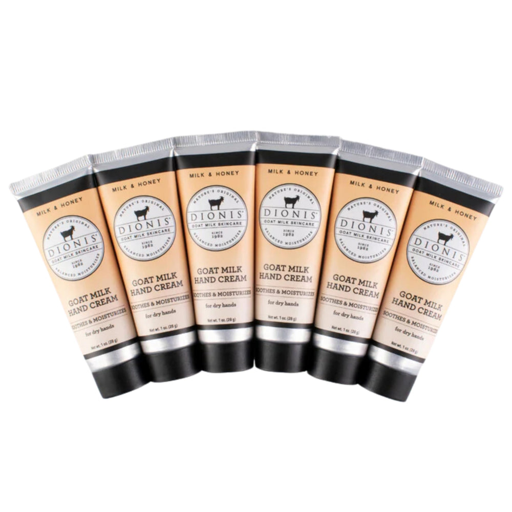 Dionis goat milk hand cream set front shows six tubes for daily moisture.