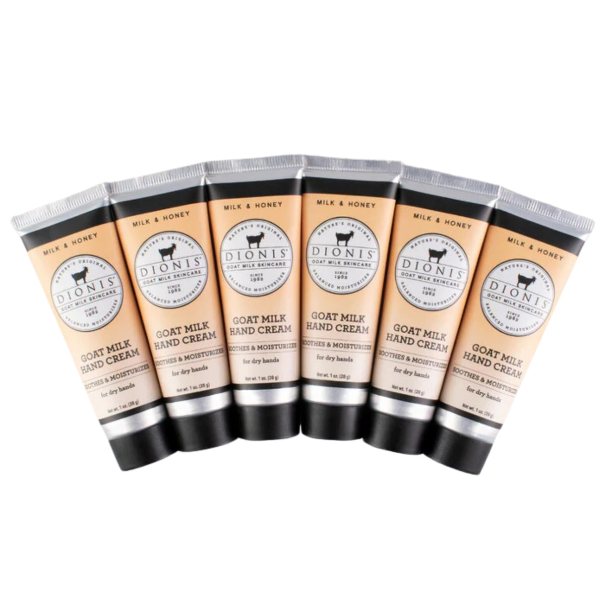 Dionis goat milk hand cream set front shows six tubes for daily moisture.