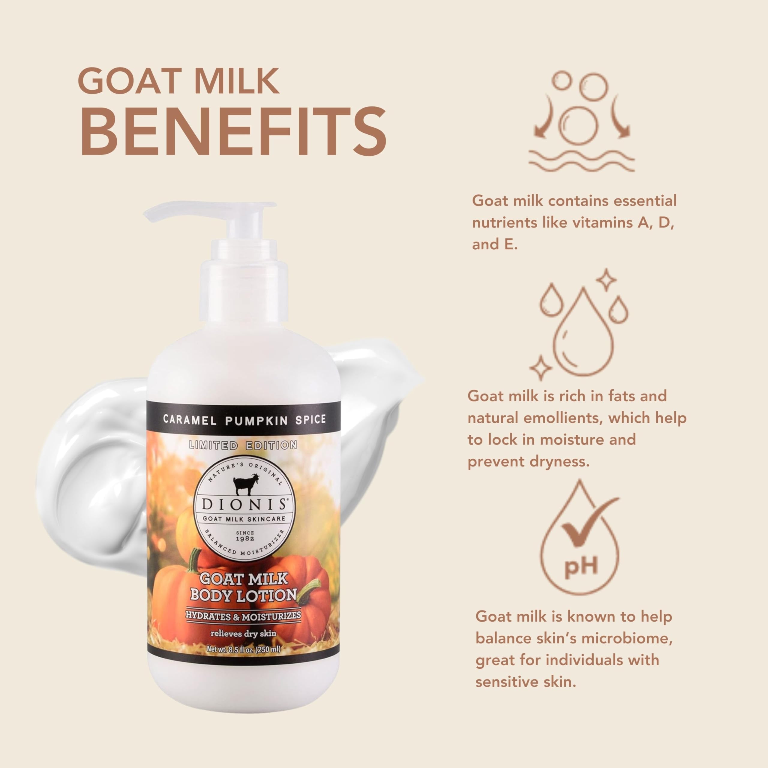 Dionis goat milk hydrating cream pump-bottle demonstrates creamy, non-greasy hydration.