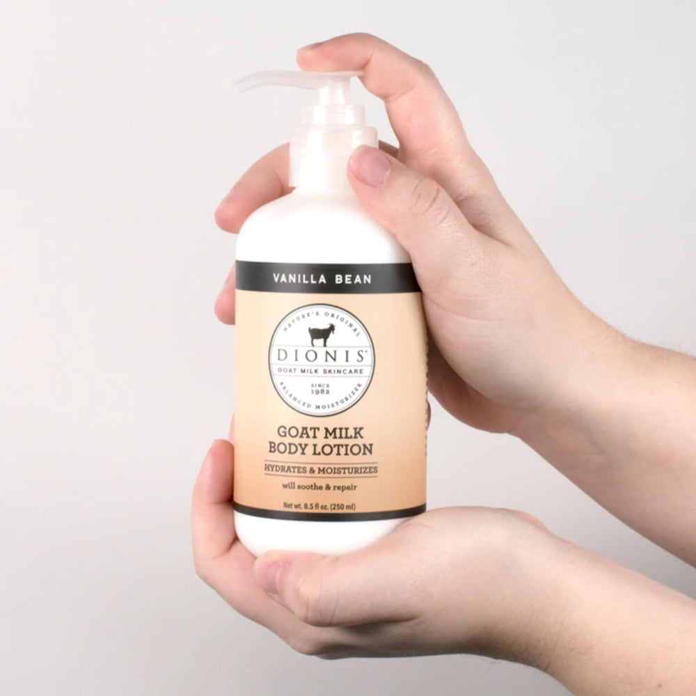 Dionis Goat Milk Lotion application scene highlights smooth, nourished skin.