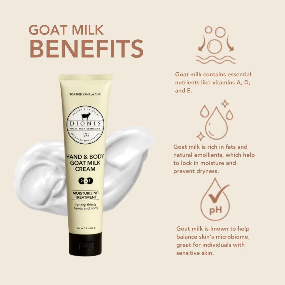 Dionis Goat Milk Lotion Vanilla Chai close-up emphasizes silky, non-greasy texture.