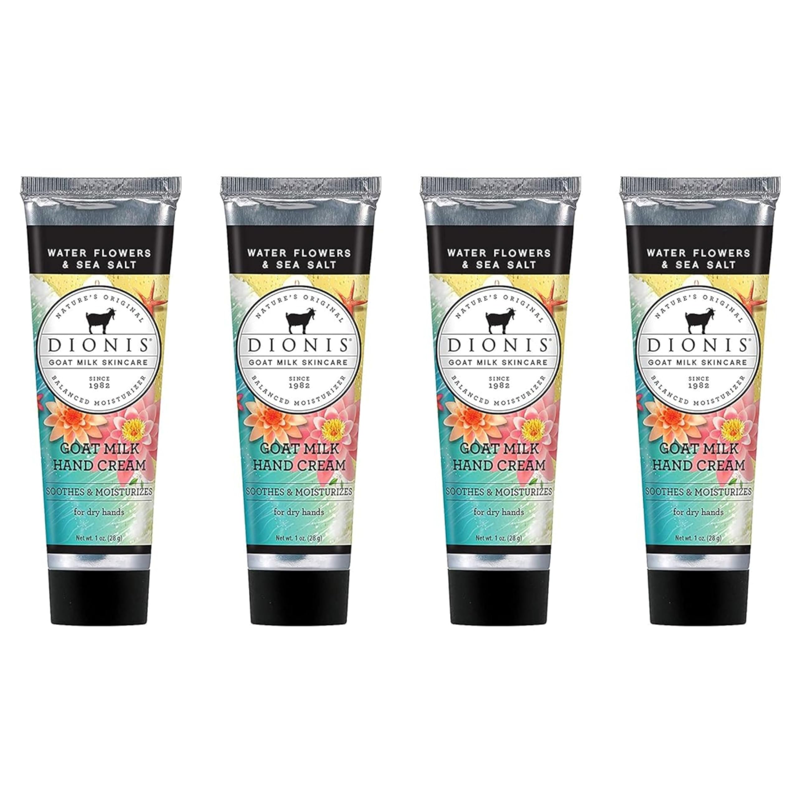 Dionis goat milk hand cream set packaging with four 1oz tubes for travel hydration.