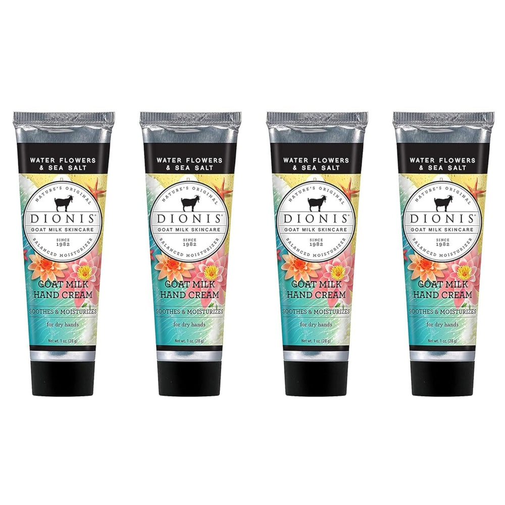 Dionis goat milk hand cream set packaging with four 1oz tubes for travel hydration.