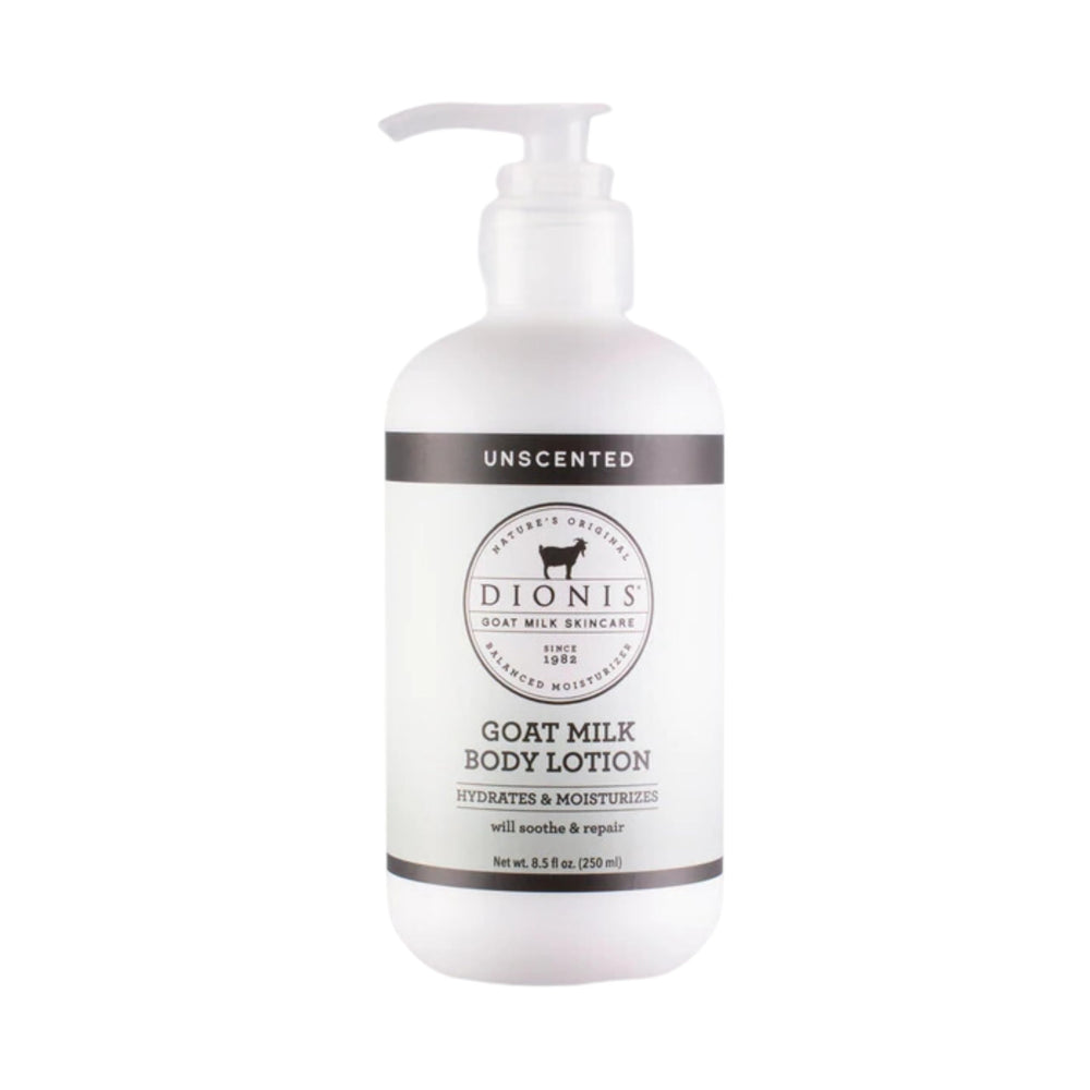 Dionis Unscented Lotion 8oz bottle shows fragrance-free hydration for dry skin