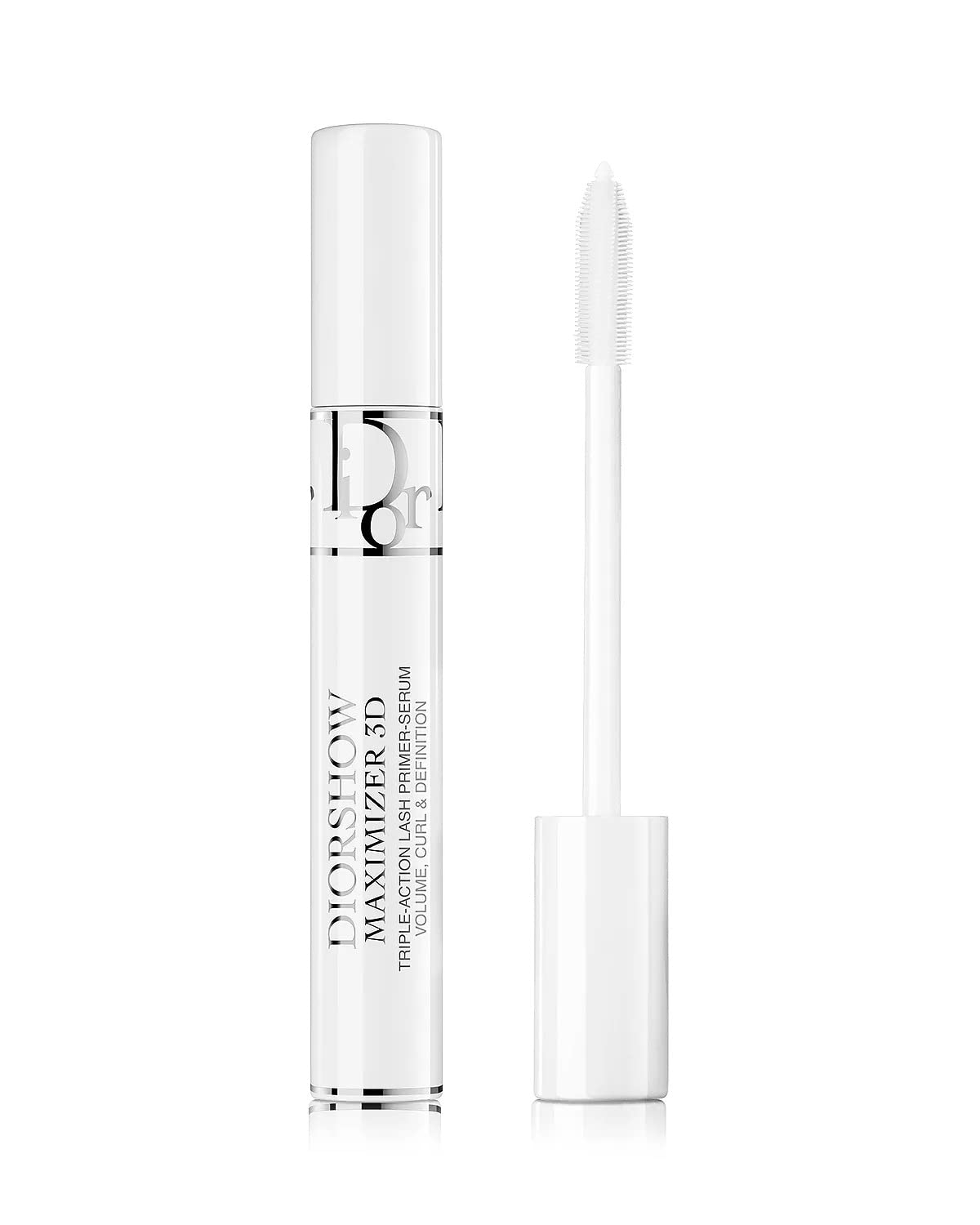 Dior Diorshow Maximizer bottle closeup demonstrates a lightweight lash primer for daily conditioning.